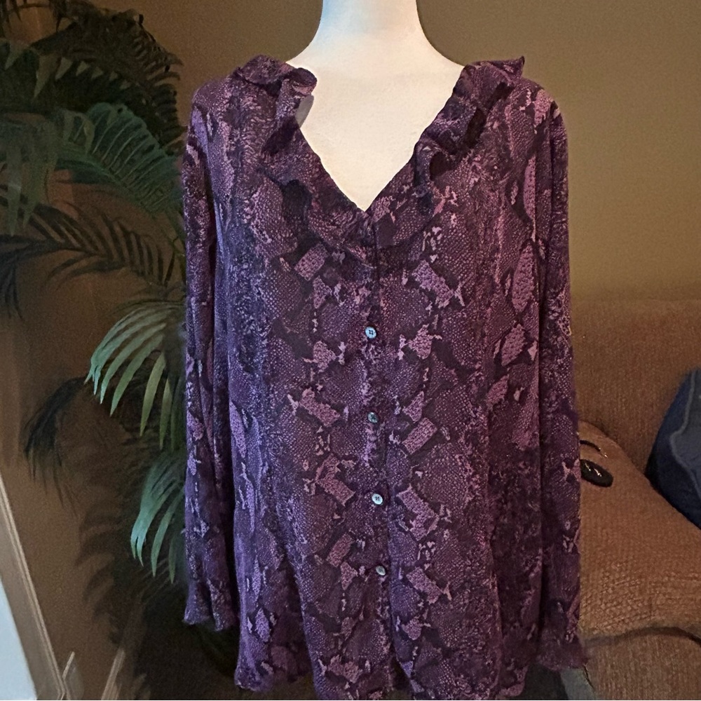 Avenue plus size purple button down semi sheer top